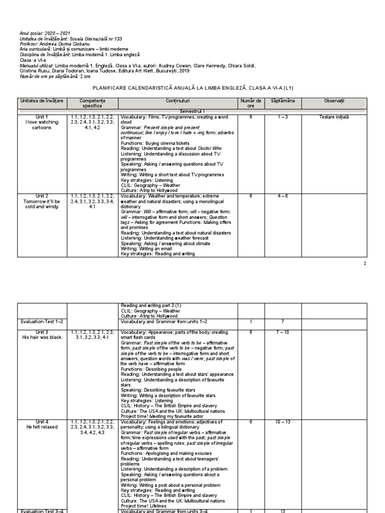 Art En6 Planificare Calendaristică PDF Adjective Question