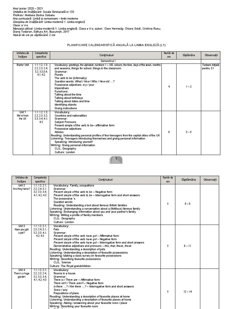 Art En5 Planificare Calendaristică PDF Verb Question