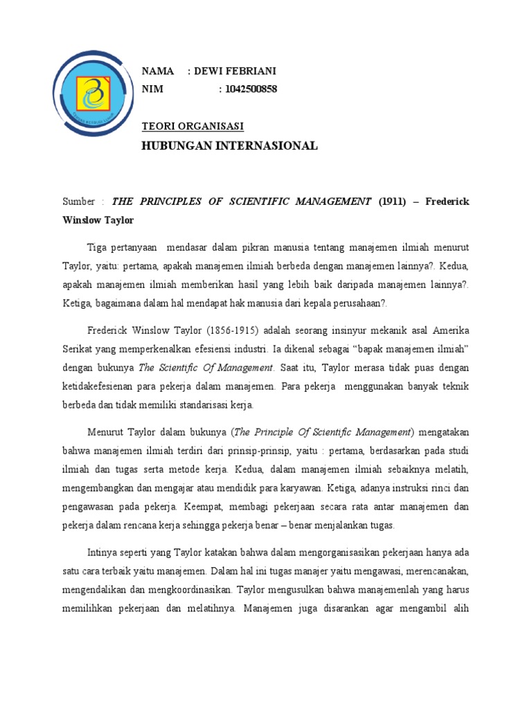 Teori Organisasi Prinsip Taylorism Industrial And Organizational Psychology Systems Psychology