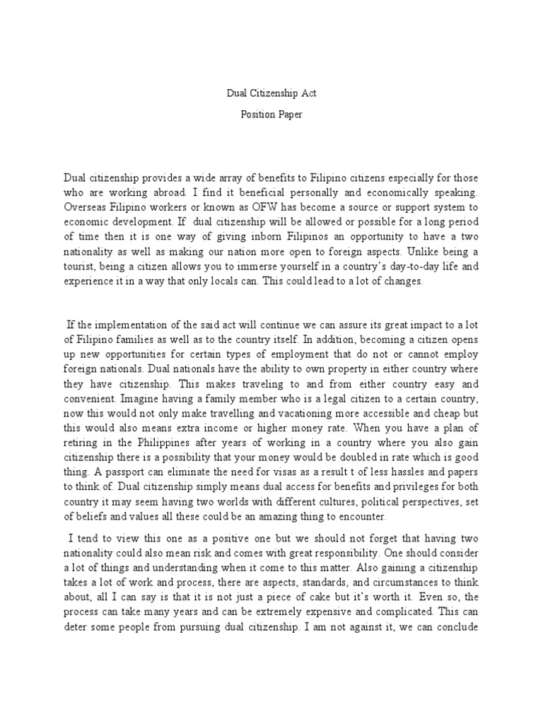 Position Paper On Dual Citizen ACT | PDF | Citizenship | Cultural ...