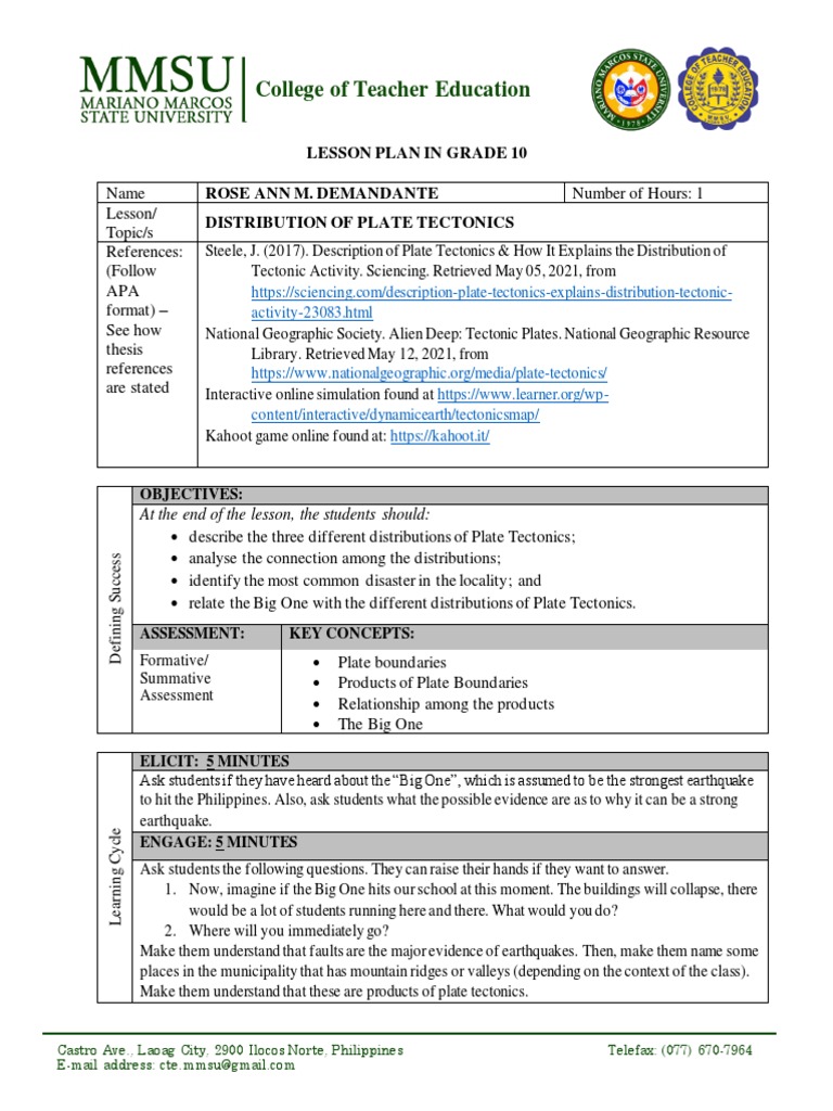 Grade 10 Lesson Plan: Plate Tectonics | PDF | Plate Tectonics | Earthquakes