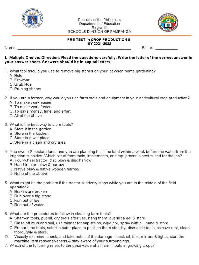 Crop Production Pre-Test for Grade 8 | PDF | Waste | Personal ...