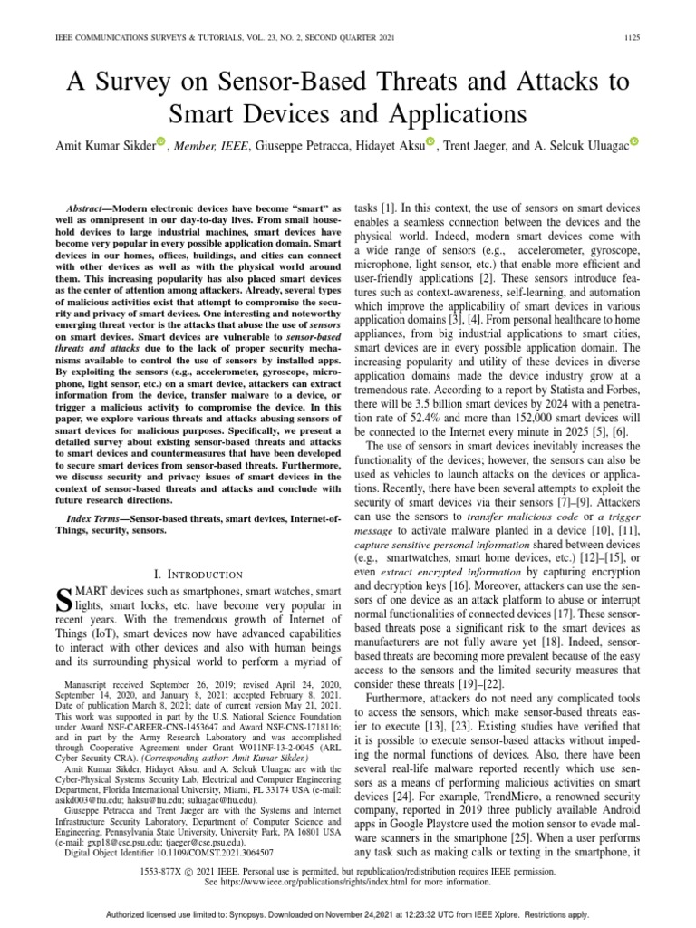 A Survey On Sensor-Based Threats and Attacks To Smart Devices and ...