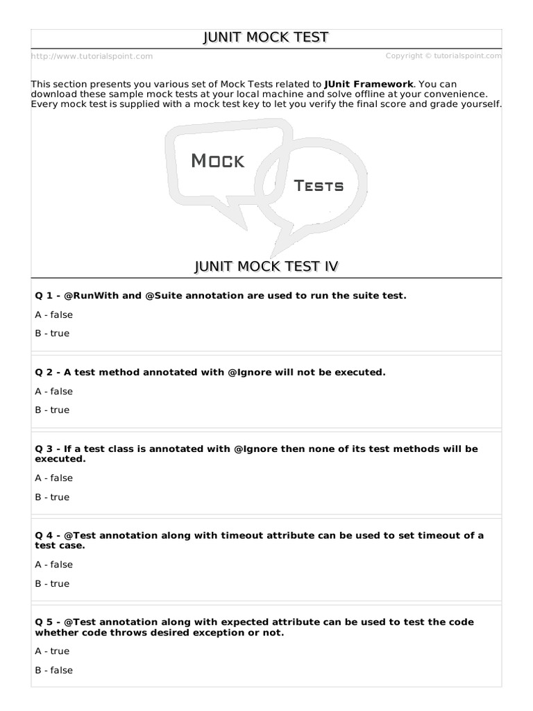Junit Mock Test IV PDF Software Testing Unit Testing