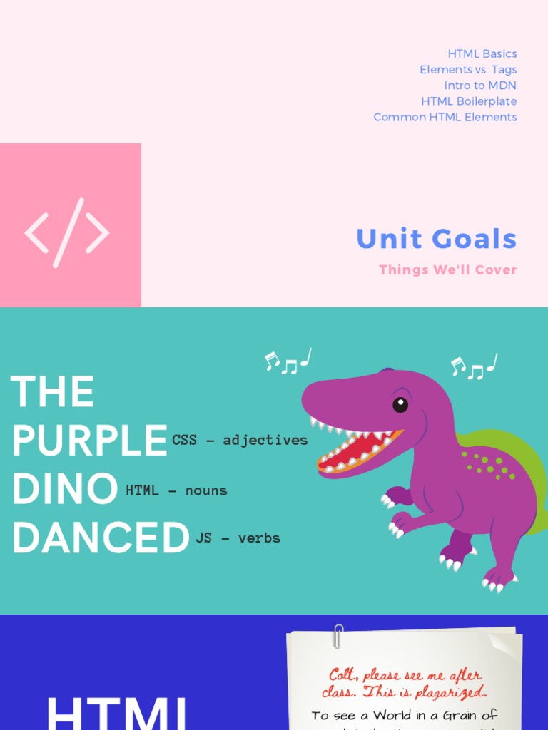 Unit Goals HTML Basics Elements vs. Tags Intro To MDN HTML Boilerplate