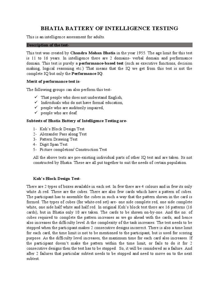 Bhatia Battery of Intelligence Testing PDF Intelligence Quotient