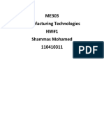 ME303 Manufacturing Technologies HW#1 Shammas Mohamed 110410311