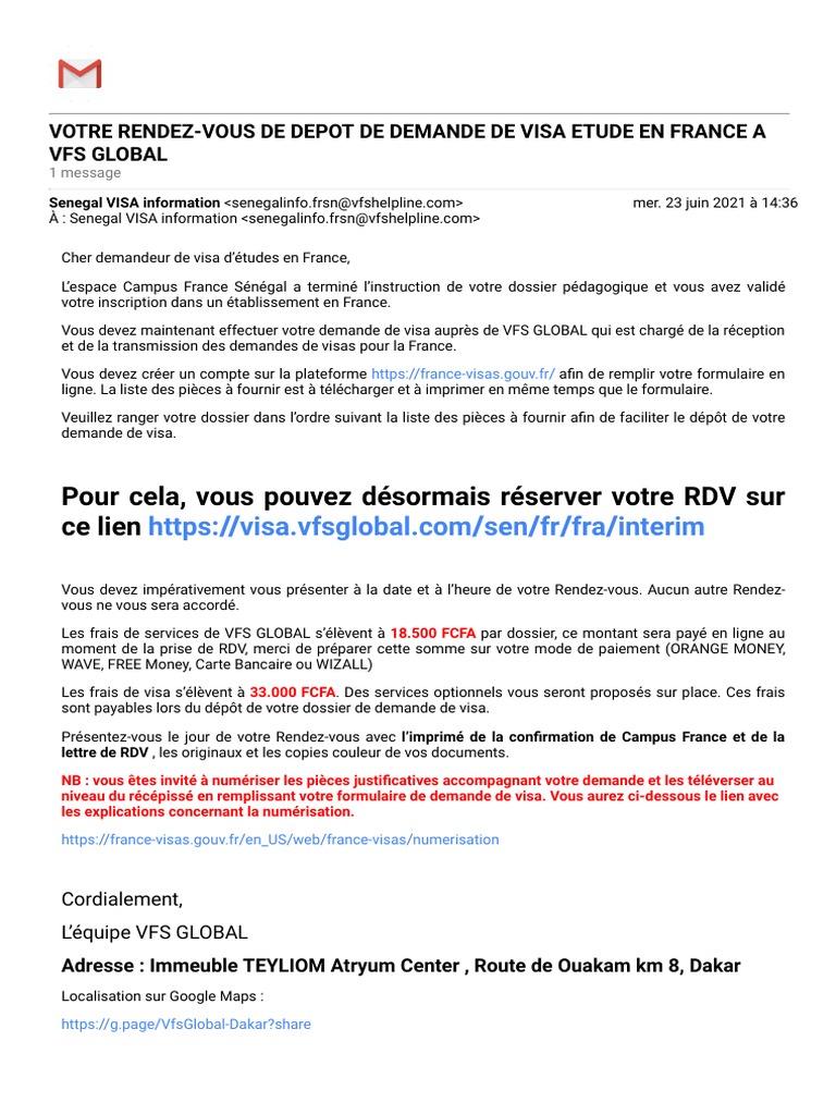 Gmail - VOTRE RENDEZ-VOUS DE DEPOT DE DEMANDE DE VISA ETUDE EN FRANCE A VFS  GLOBAL | PDF | Visa (Document) | Loi sur l'immigration