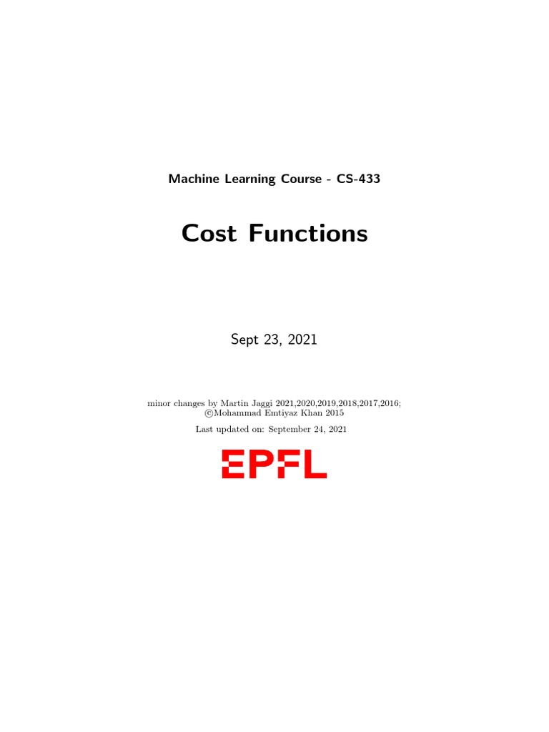 Lecture01d Cost Functions PDF Mean Squared Error Loss Function