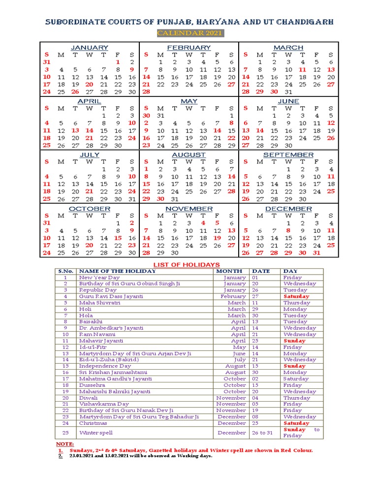 Subordinate Courts of Punjab, Haryana and Ut Chandigarh Calendar 2021