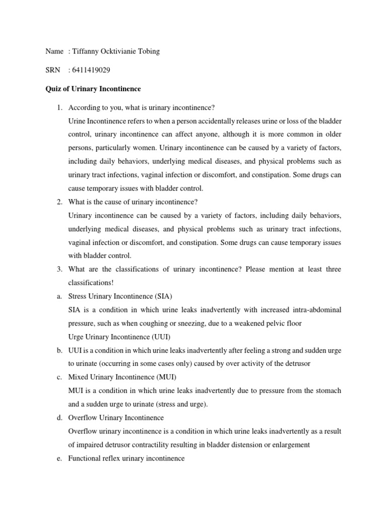 Quiz of Urinary Incontinence PDF Urinary Incontinence Urination