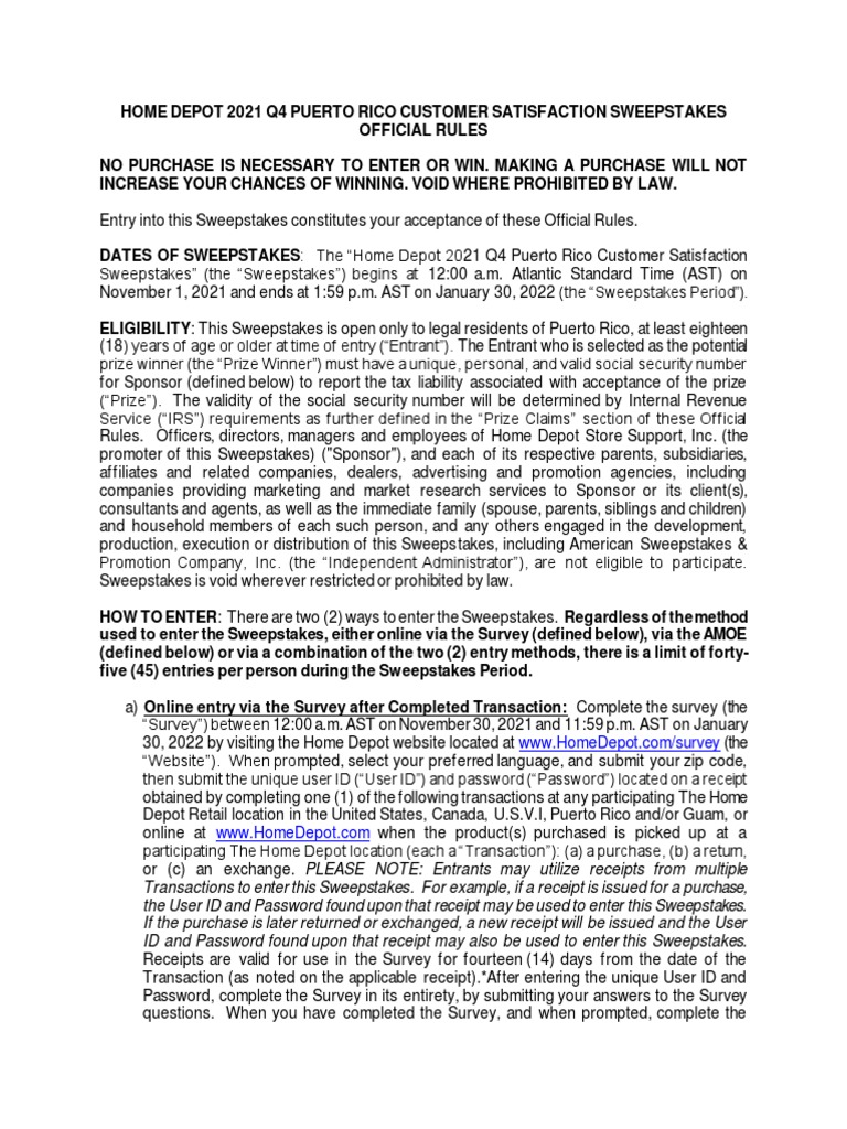 Home Depot Sweepstakes PR PDF Internal Revenue Service Social