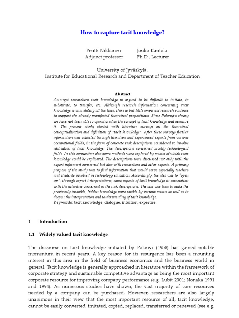 Capturing Tacit Knowledge in Education | PDF | Intuition | Tacit Knowledge
