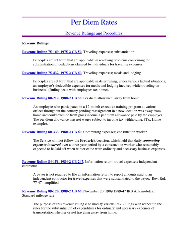 US Internal Revenue Service Per Diem Rates Rev Rulings and Proc PDF