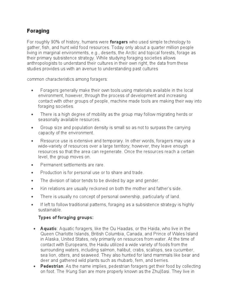 Foraging Types of Foraging Groups PDF Hunter Gatherer Society