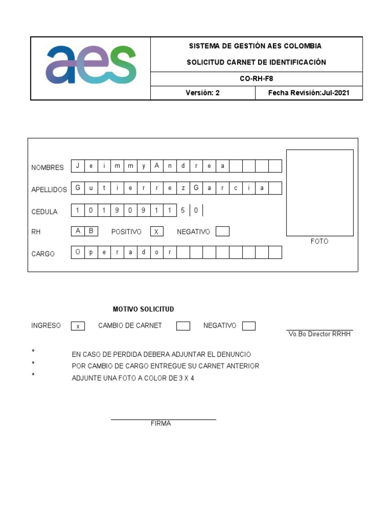 Solicitud Identificación AES Colombia PDF Derecho laboral