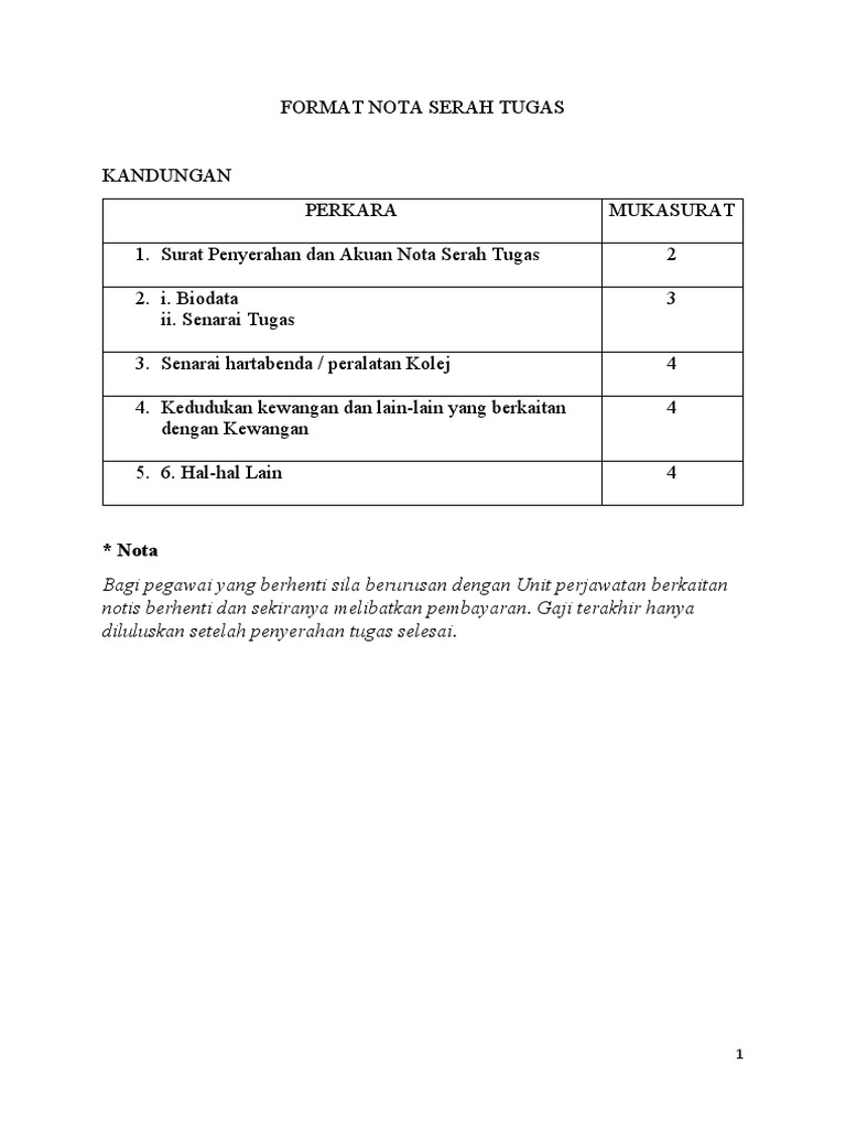 Format Nota Serah Tugas Penjawat Awam | PDF