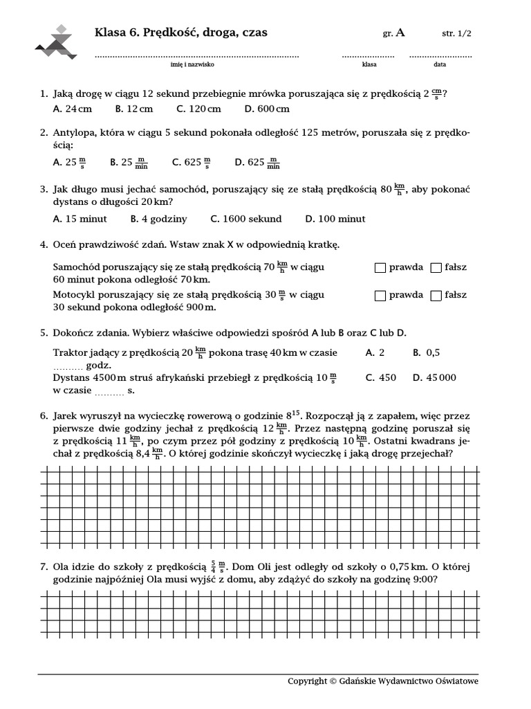 Predkosc Droga Czas Sprawdzian Kl 6 Matematyka Z Plusem