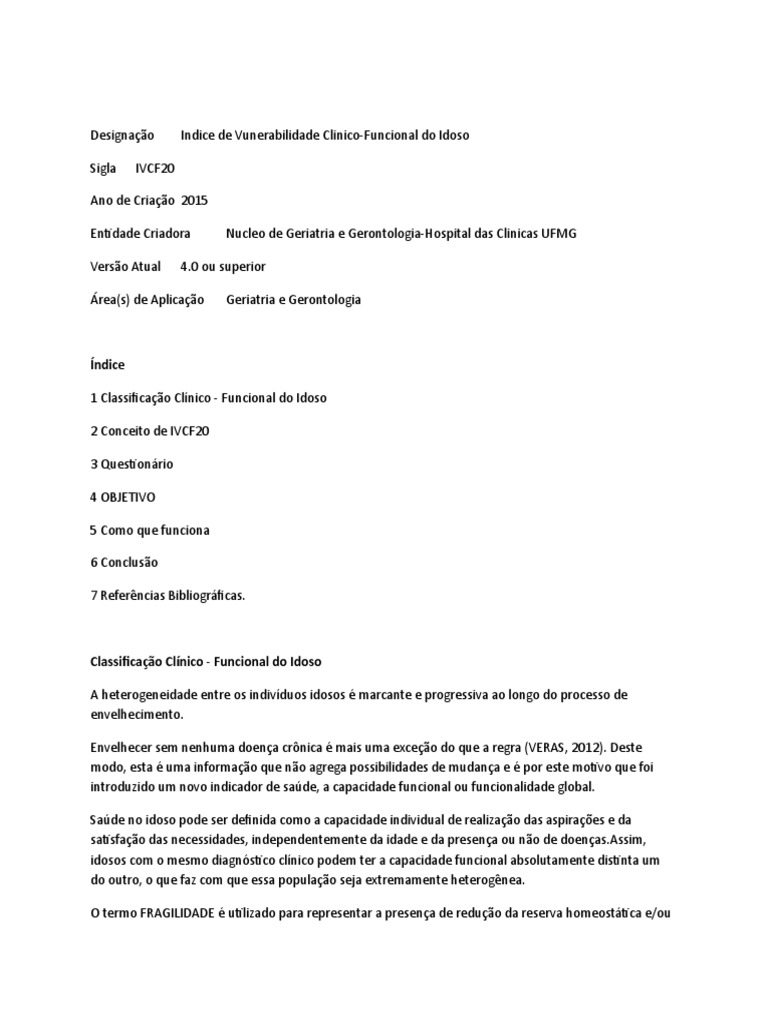 Índice de Vulnerabilidade Clínico-Funcional do Idoso (IVCF20): Um ...