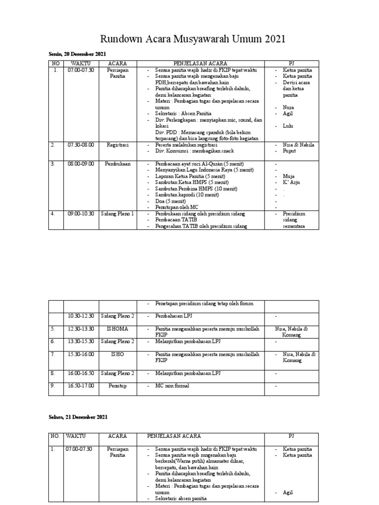 Rundown Musyawarah Umum 2021 | PDF