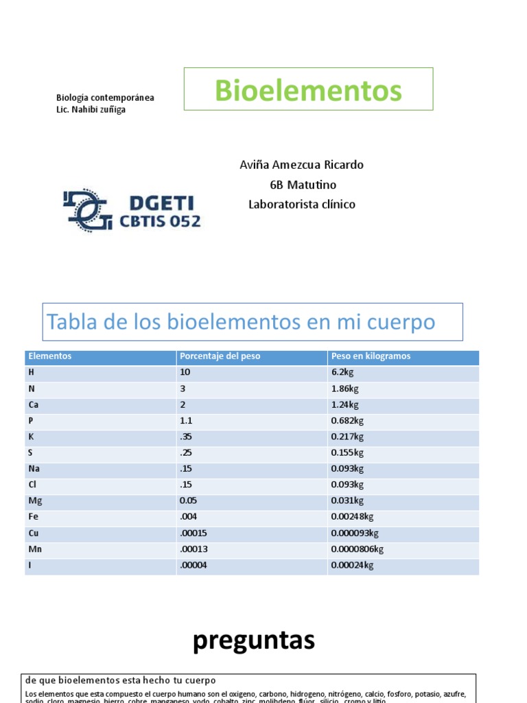 Porcentaje de Bioelementos en el Cuerpo Humano | PDF | Cuerpo humano ...