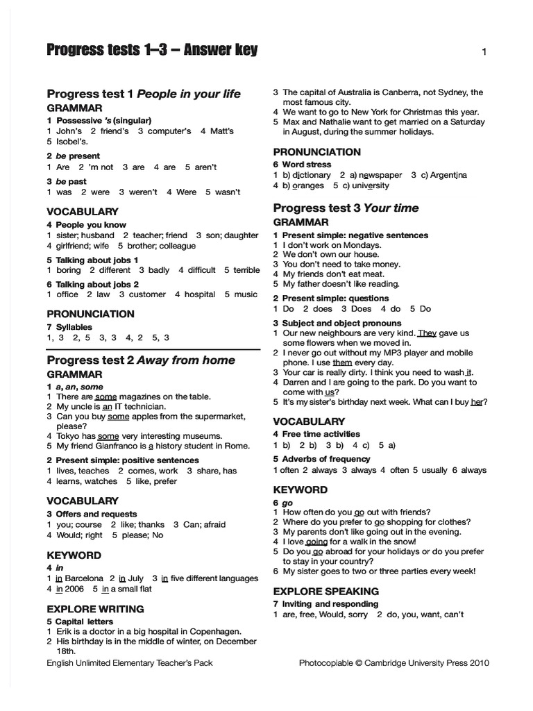 Progress Tests 1-3 - Answer Key | PDF | English Language | Linguistics