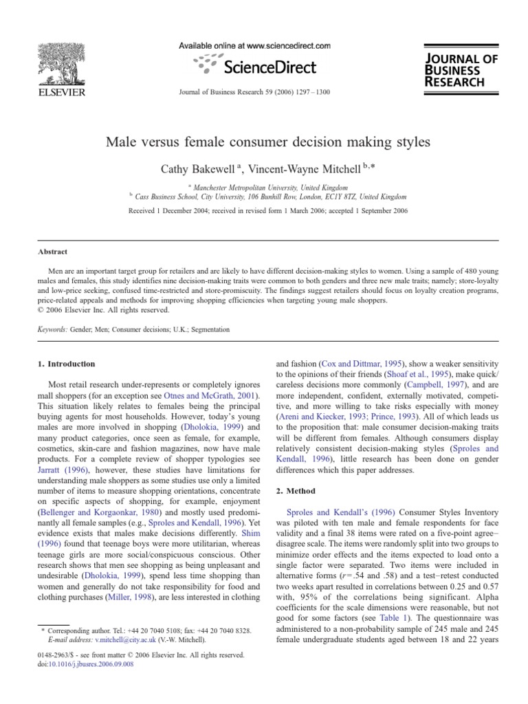 Male Versus Female Consumer Decision Making Styles | PDF | Retail | Brand
