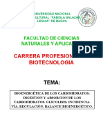 Bioenergética de Los Carbohidratos: Digestión y Absorción de Los Carbohidratos. Glicolisis: Incidencia. Vía. Regulación. Balance Bioenergético.