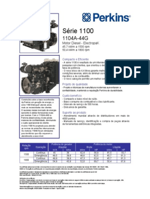 Especificações técnicas completas do motor diesel Perkins 1104A-44G de  45,7-50,4 kWm para geração de energia, PDF, Motores
