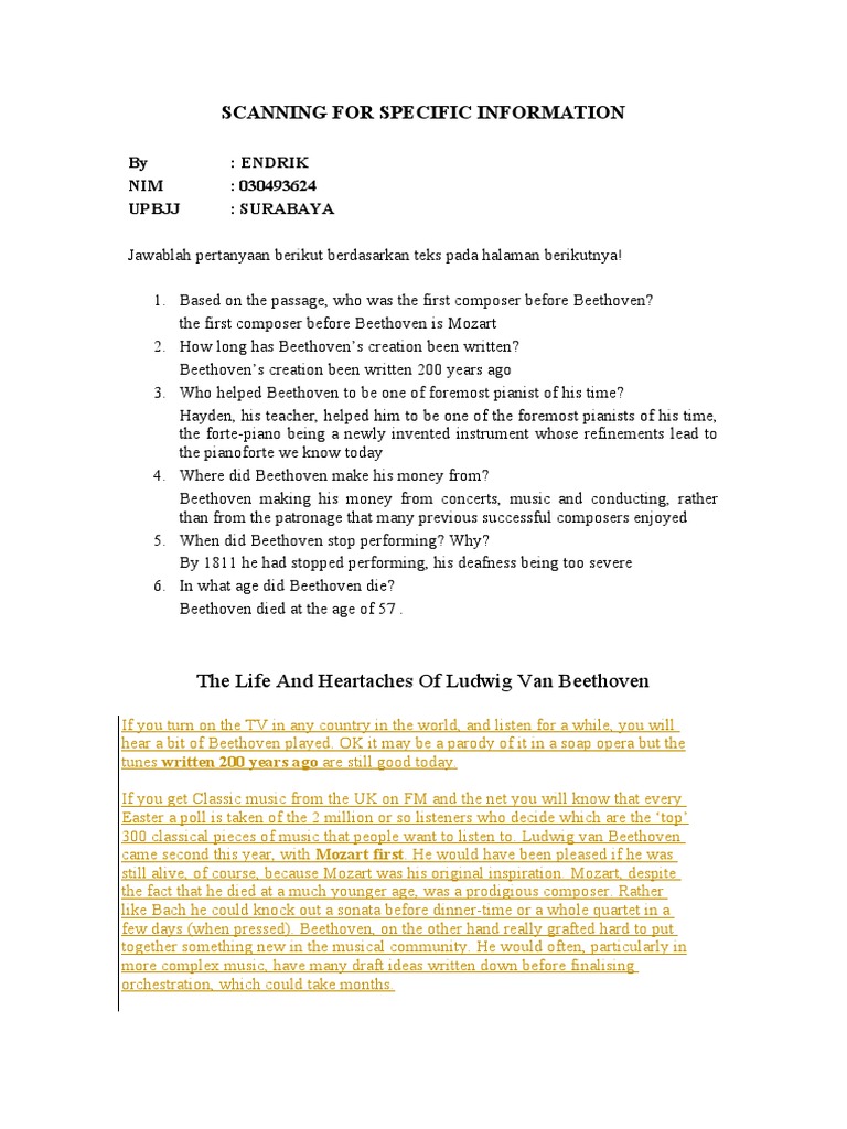 eXERCISE SKIMMING SCANNING Tugas 3 PDF Composers Ludwig Van Beethoven