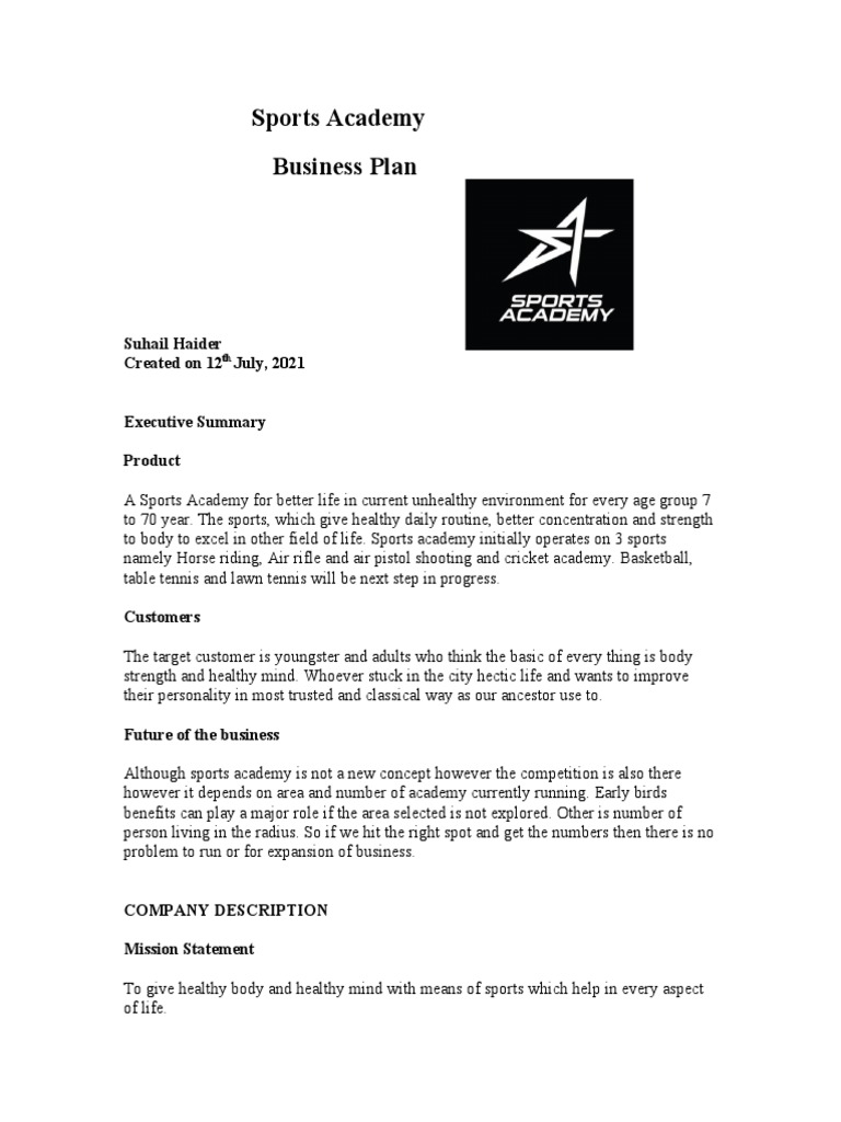 sports academy business plan ppt