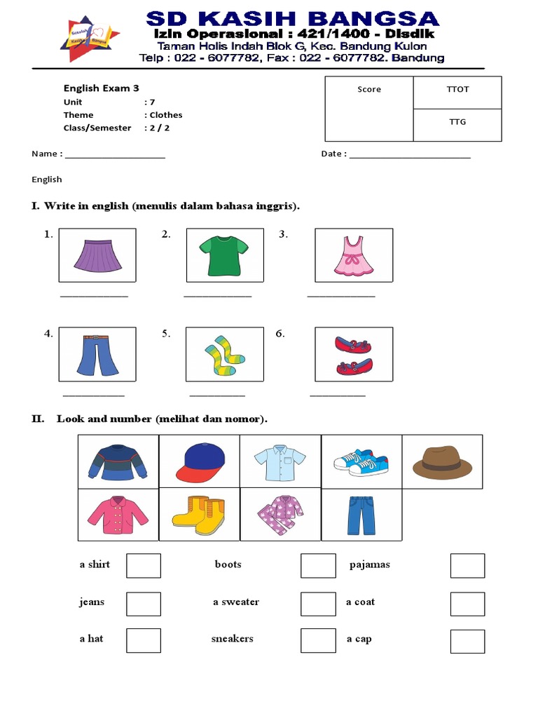 Soal Bahasa Inggris Kelas 2: Pakaian | PDF | Seni & Disiplin Bahasa