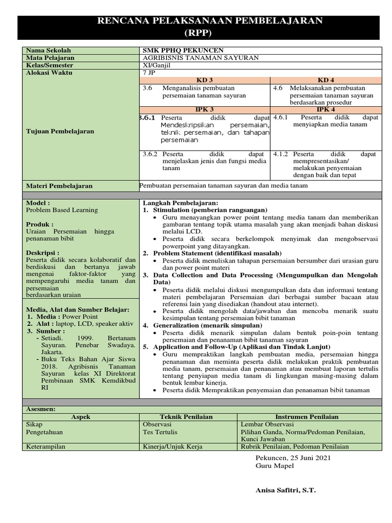 RPP PBL Persemaian Tanaman Sayuran | PDF