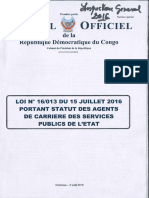 Loi N16013 Du 15 Juillet 2016 Portant Statut Des Agents de Carrieres Des Services Publics de LEtat