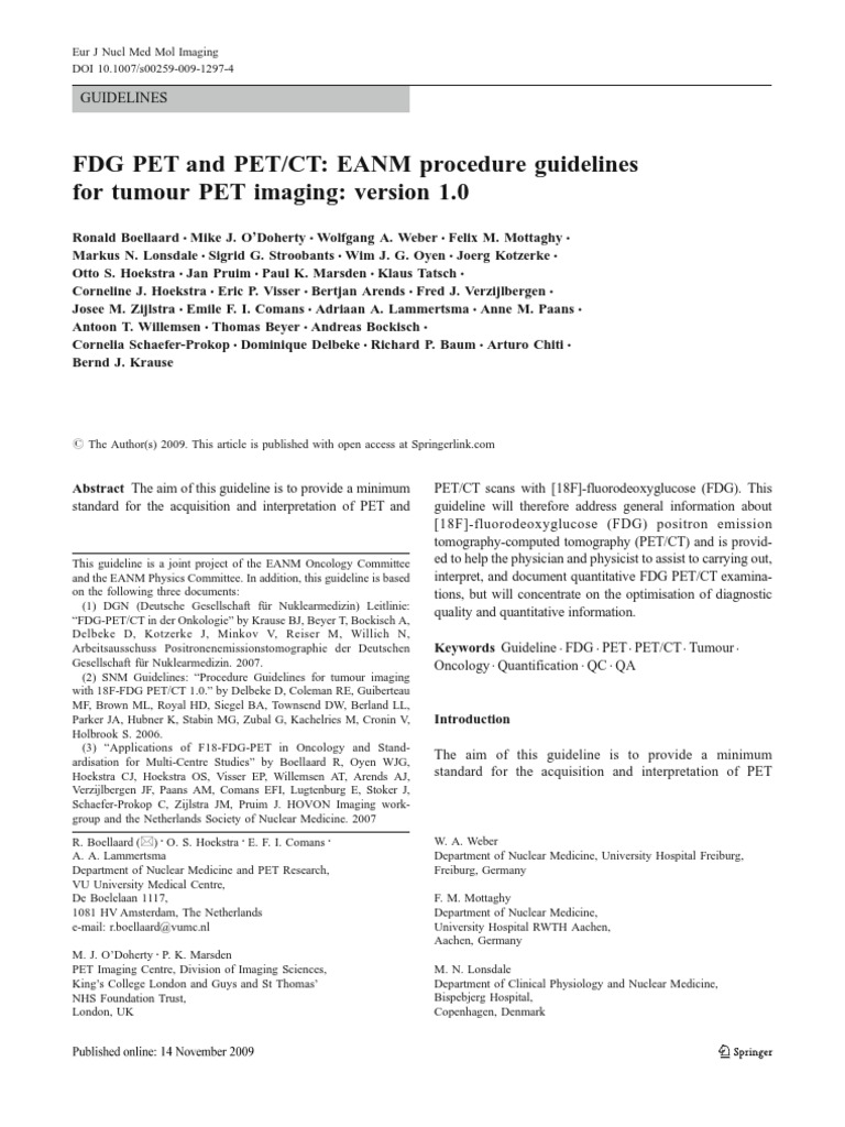 FDG PET and PET/CT EANM Procedure Guidelines For Tumour PET Imaging