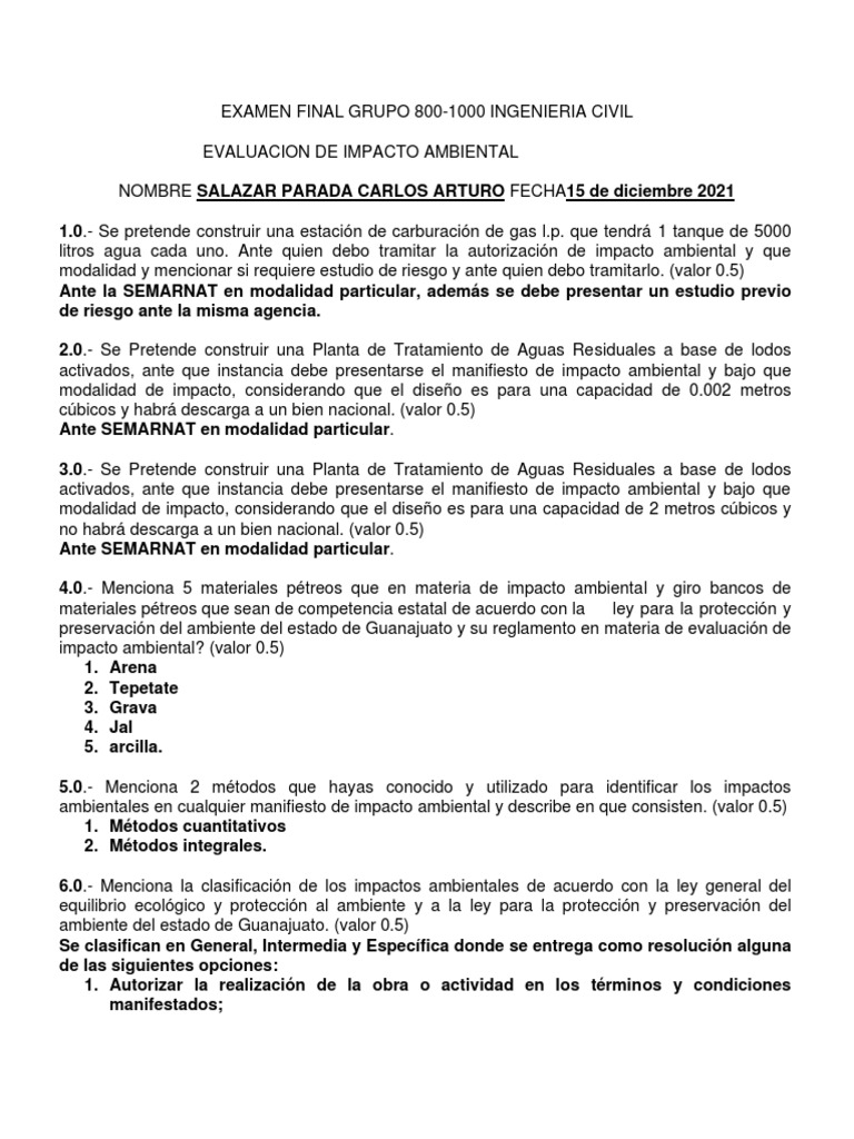 Examen FiNal Eia NOV 2021 | PDF | Evaluación de impacto ambiental ...
