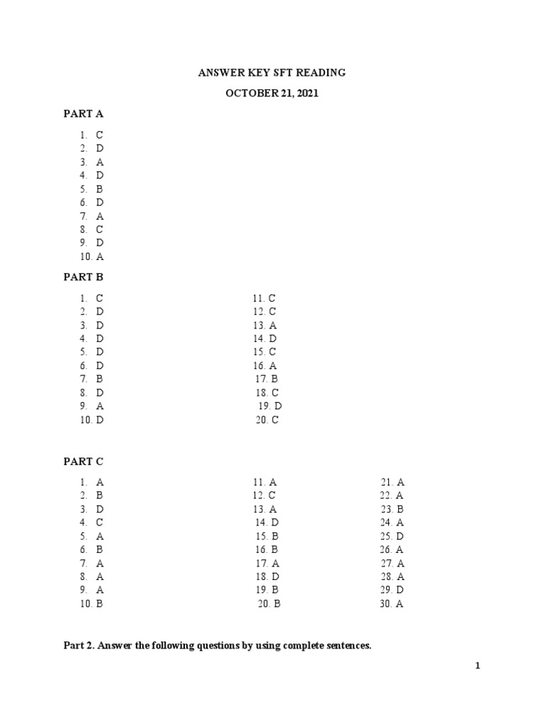 SFT Reading Answer Key - Oct 2021 | PDF