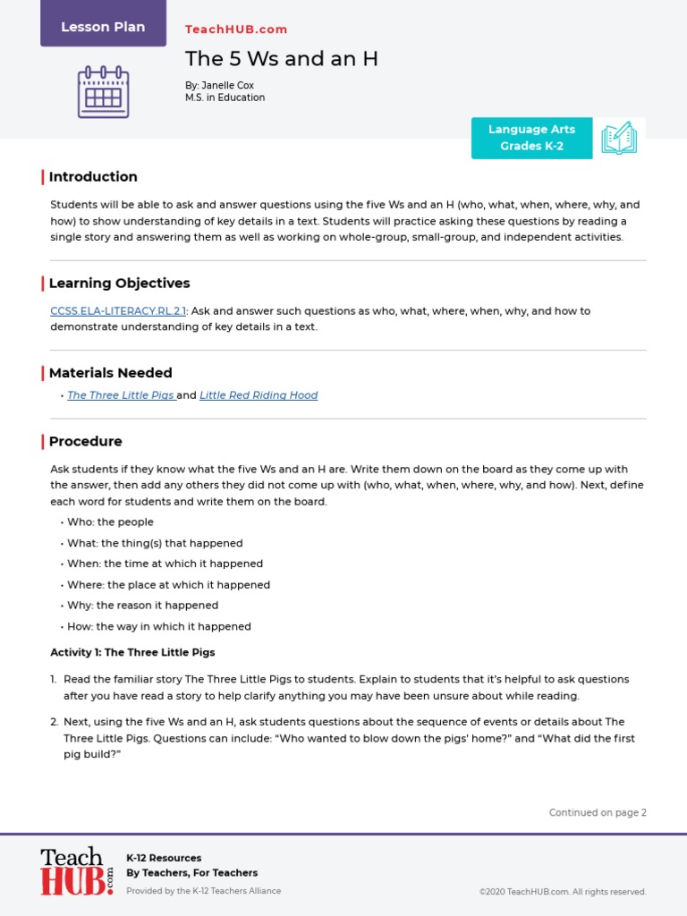 TeachHUB LP The 5 Ws and An H PDF Learning Cognition