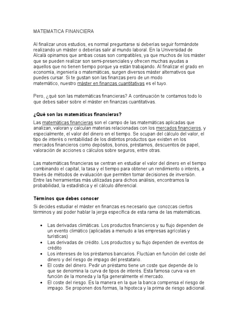 Matematica Financiera | PDF | Interés | Finanzas Matemáticas