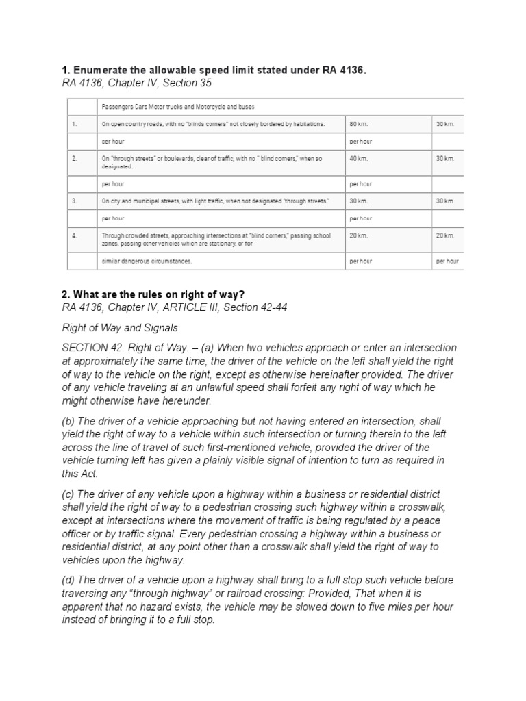 Enumerate The Allowable Speed Limit Stated Under RA 4136 PDF