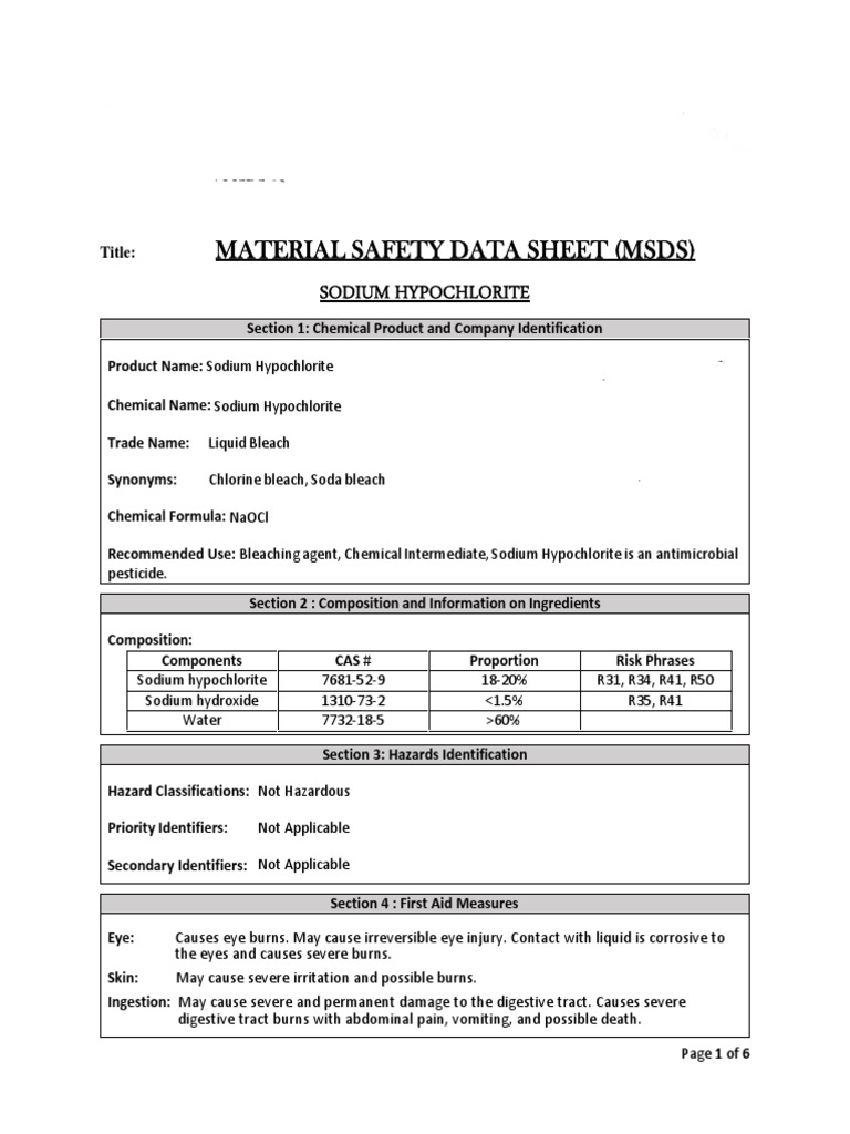MSDS Sodium Hypochlorite PDF Bleach Personal Protective Equipment