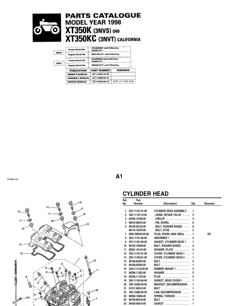 Yamaha XT 350 Parts Catalogue 3NVS 1998 Washer (Hardware) Screw