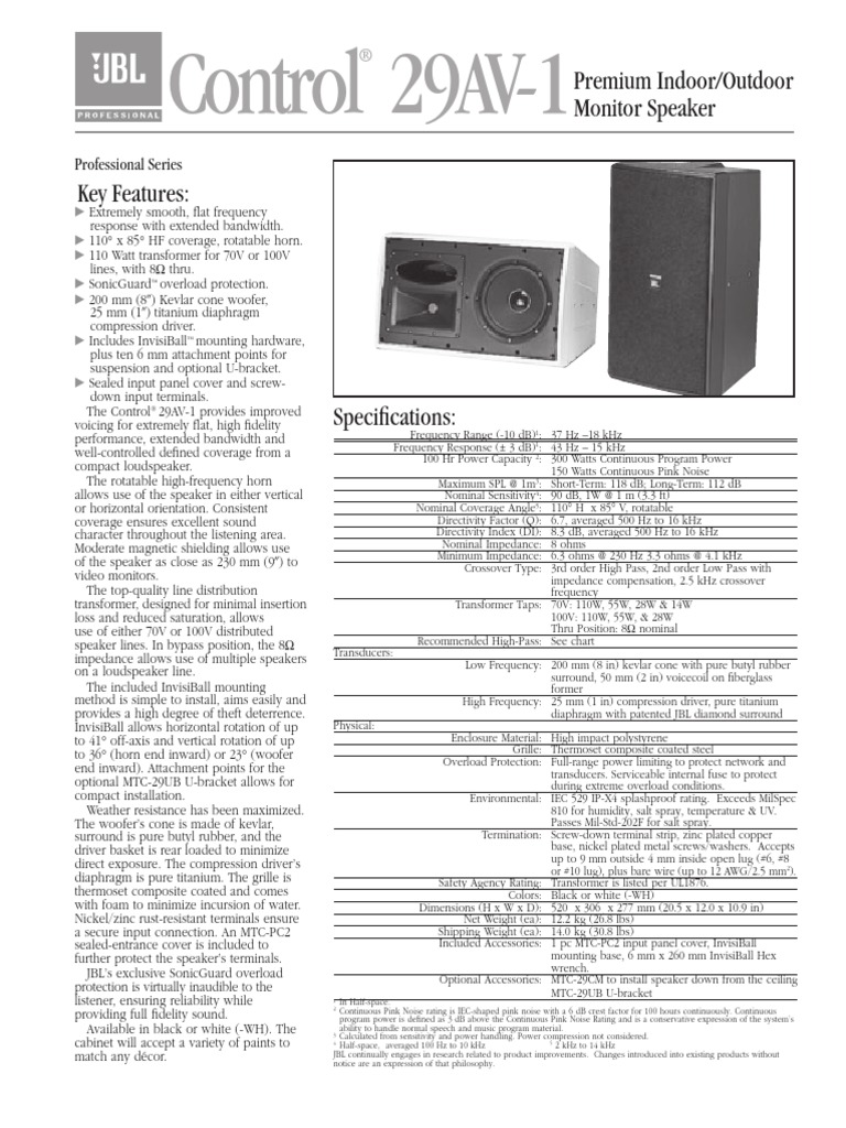 Control 29AV-1: Premium Indoor/Outdoor Monitor Speaker | PDF ...