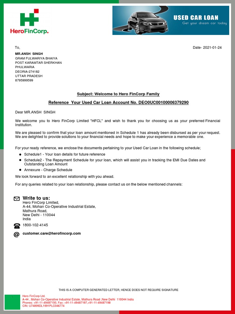 Subject To Hero Fincorp Family Reference Your Used Car Loan