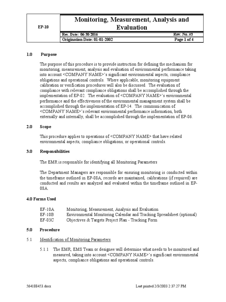 Environmental Monitoring Procedures | PDF | Calibration | Evaluation