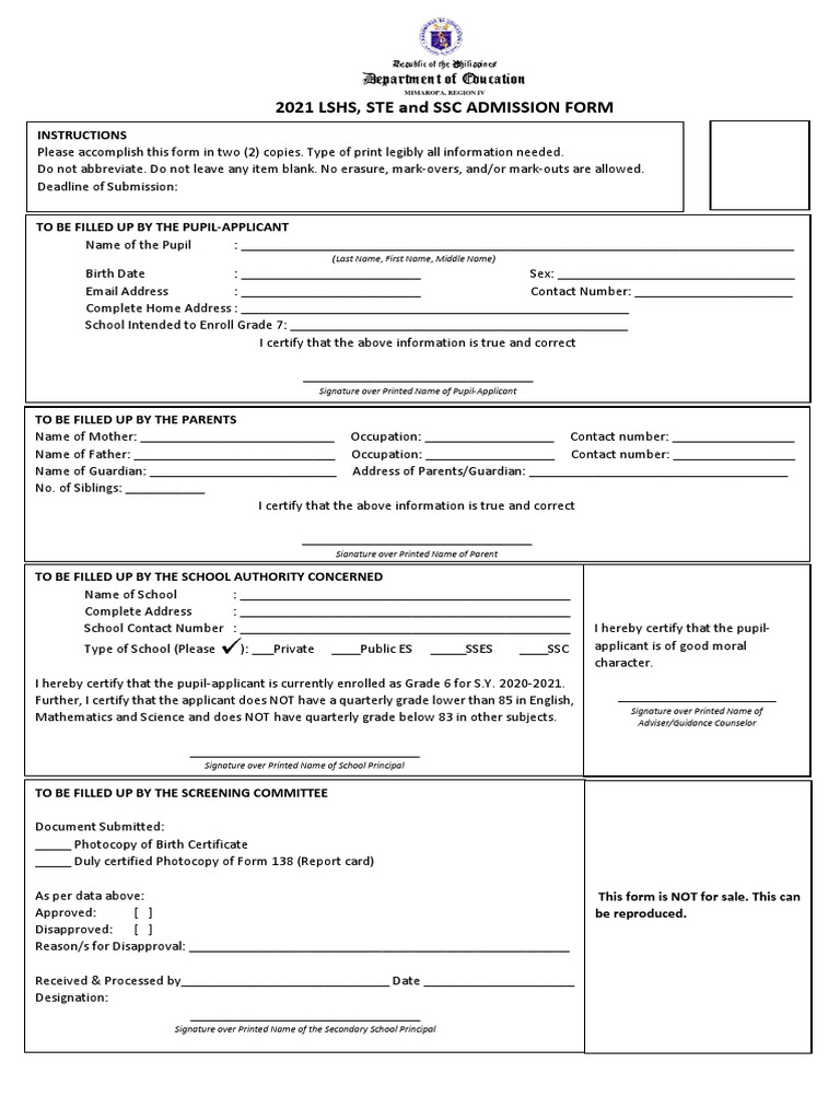 Grade 7 Admission Form | PDF | University And College Admission