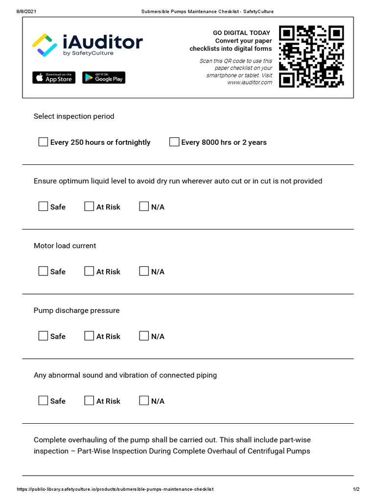 Submersible Pumps Maintenance Checklist SafetyCulture PDF Pump