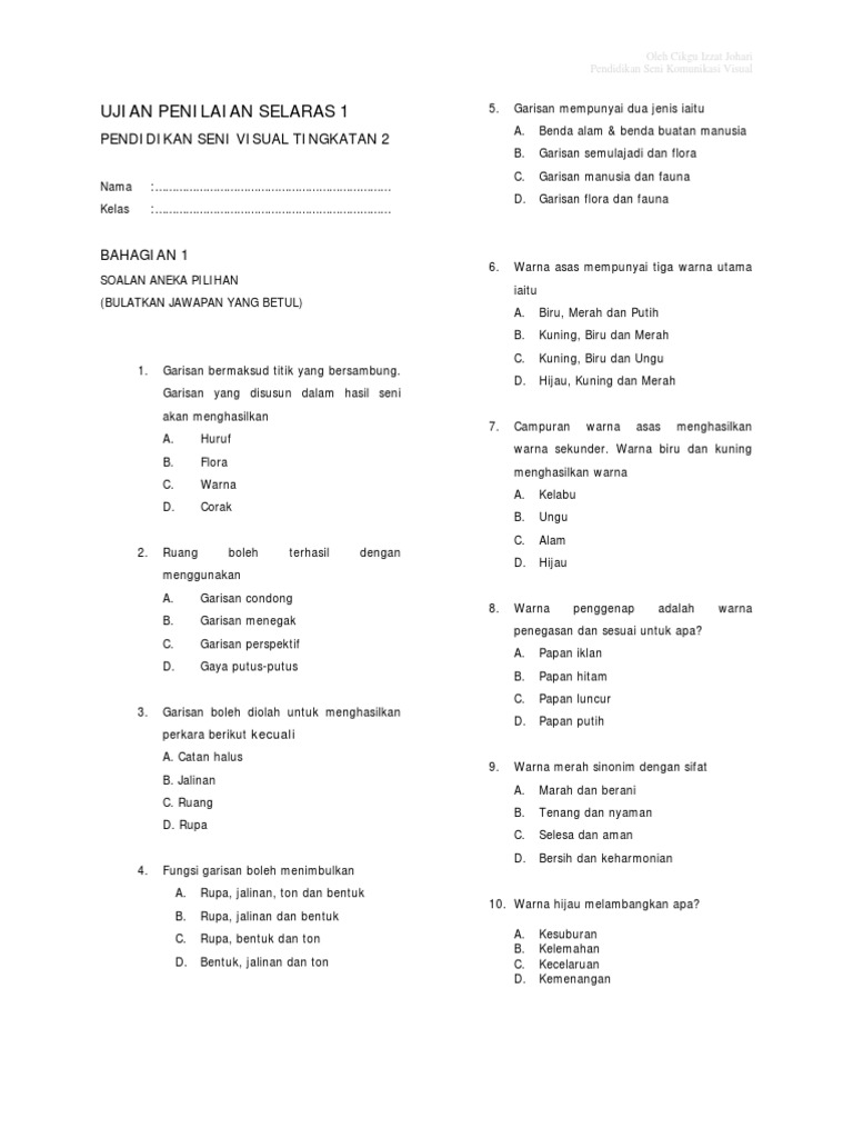 Jawapan Pendidikan Seni Stpm malakowe
