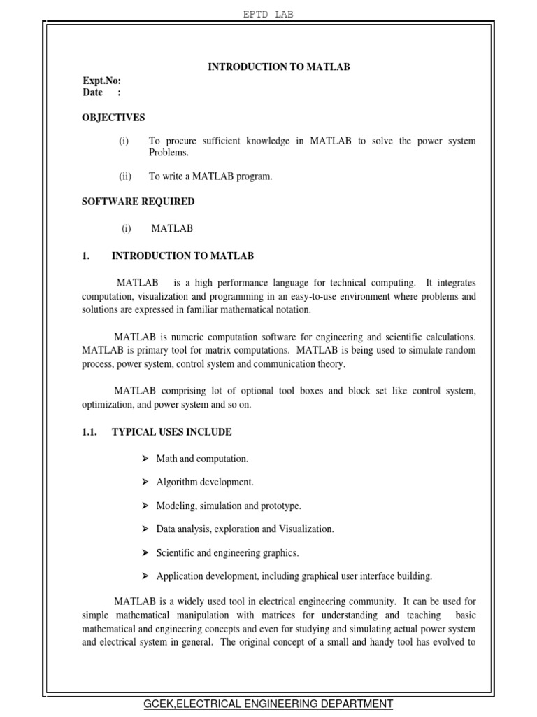 Introduction To Matlab Expt No Date Objectives Gcek, Electrical