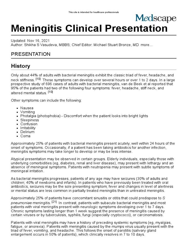 Meningitis Clinical Presentation History, Physical Examination